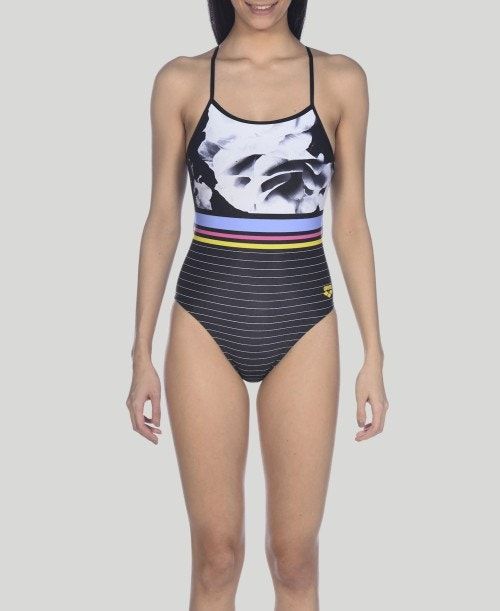 Arena Dark Floral Stripes Accelerate Back One Piece Black / Multicolor | 41293-EMPL