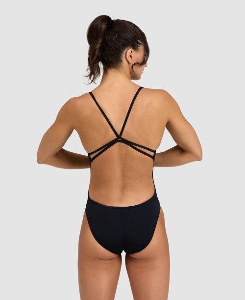 Arena Solid Lace Back One Piece Black / White | 52396-KJMS