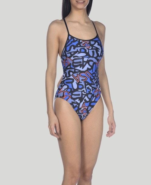 Arena Usa Allover Booster Back One Piece Navy Multicolor / Black | 63270-ASMF