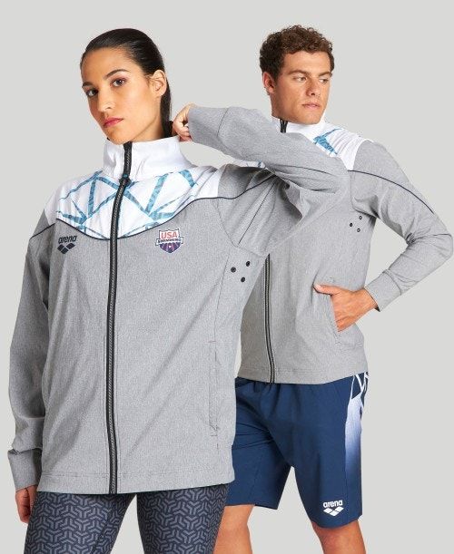 Arena Usa Swimming Team Kit Og Demin Warm Up Jacket Grey Blue | 23764-WMPL